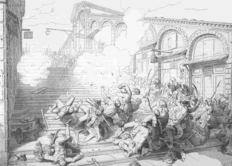 Le cannonate a mitraglia di Bernardino Renier contro il popolo veneziano in rivolta (Disegno ottocentesco del triestino Giuseppe Gatteri)