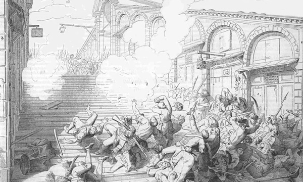 Le cannonate a mitraglia di Bernardino Renier contro il popolo veneziano in rivolta (Disegno ottocentesco del triestino Giuseppe Gatteri)